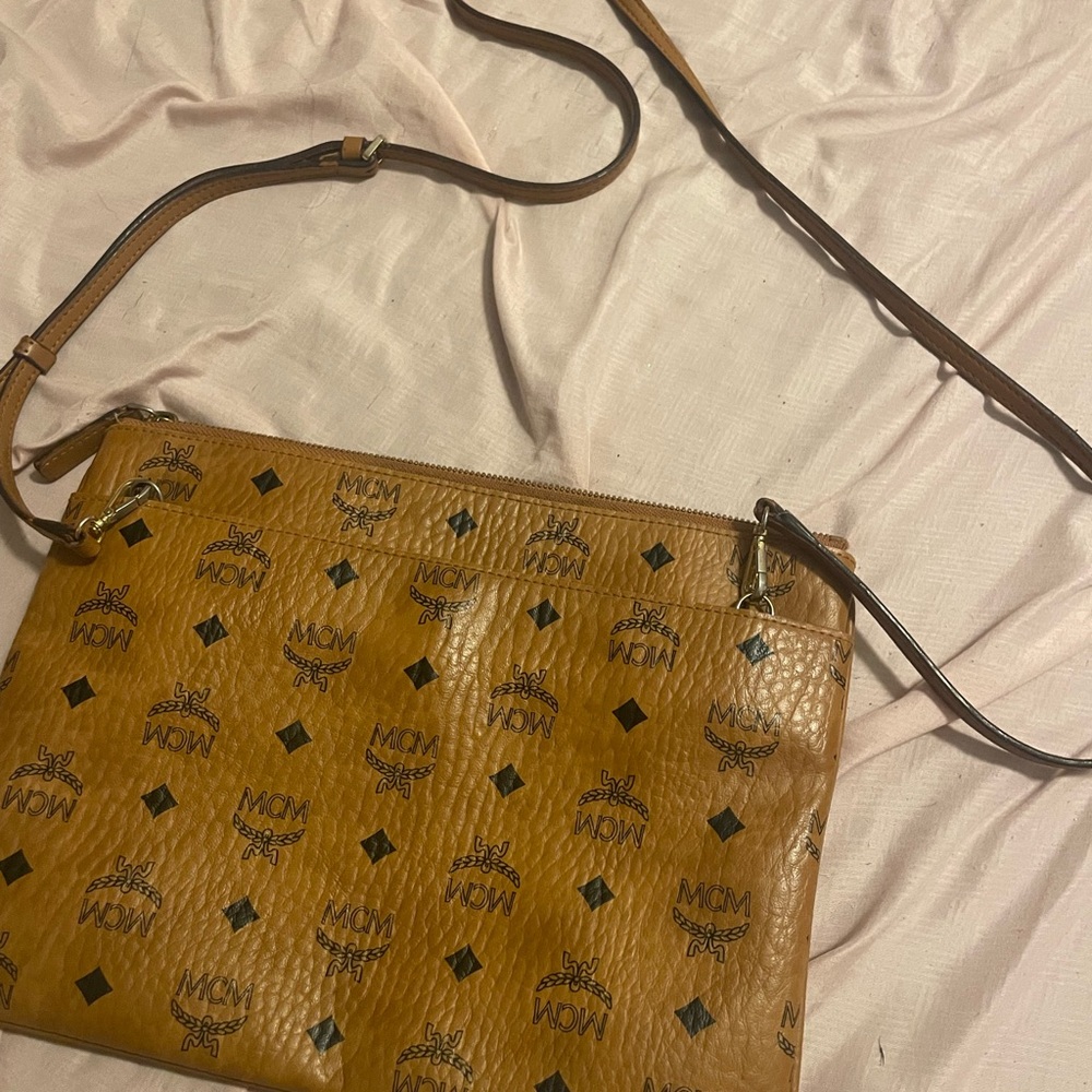 MCM Tan Crossbody Bag with Logo Pattern